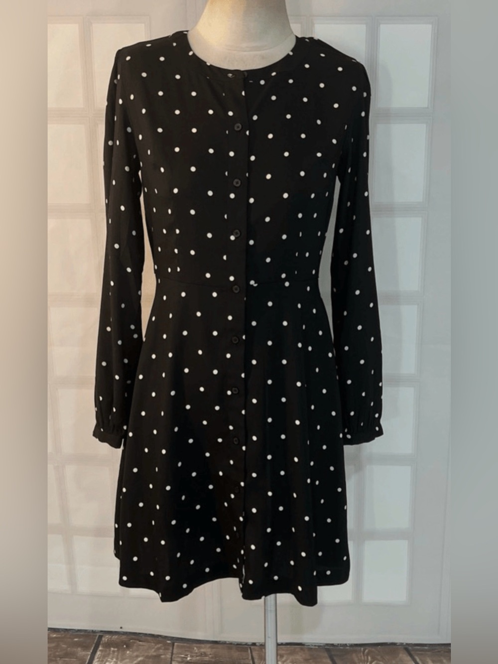 LOFT Black and White Polka Dot Long Sleeve Button Dress